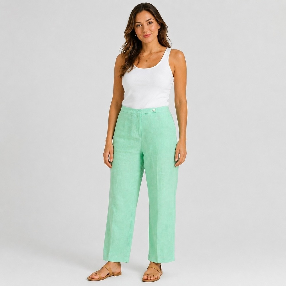 120% Lino Italy 100% Linen Pants Womens Size IT 46 US M/L  Mint Green Wide Leg
